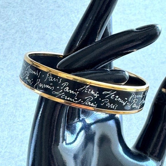 Hermès Jewelry - Hermes Paris Script Enamel Bangle Bracelet Black Gold Plated 7.5" Authentic CoA